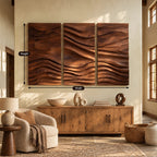Textured Carved Wood Wall Art With 3 Wave Relief Panels For Entryway