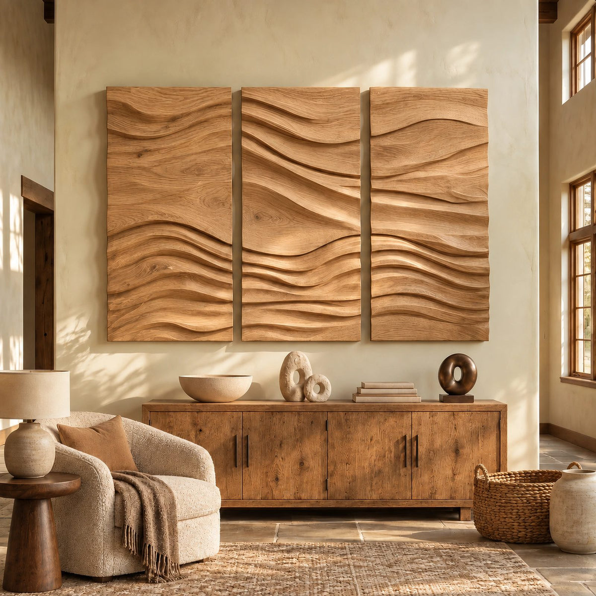 Textured Carved Wood Wall Art With 3 Wave Relief Panels For Entryway