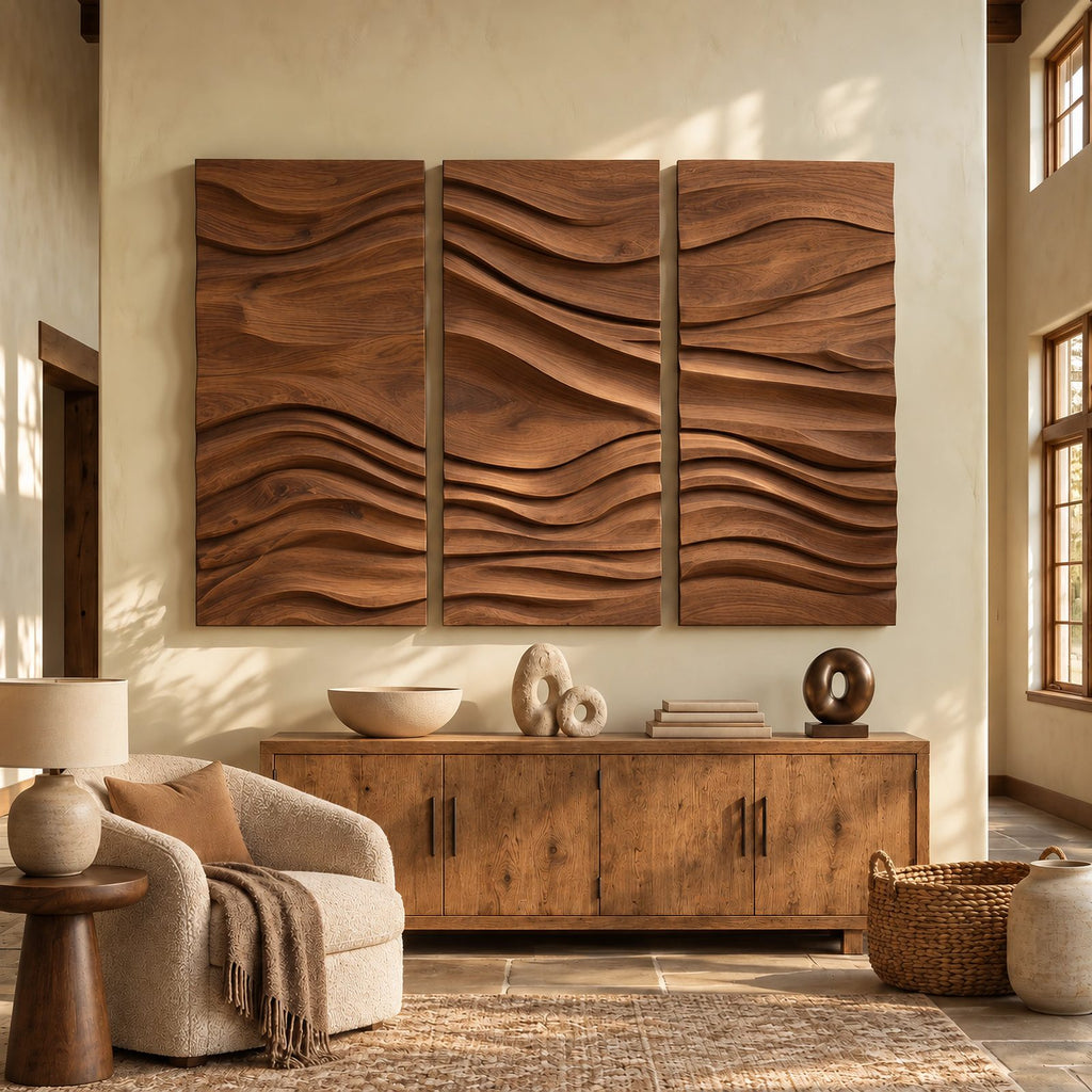 Textured Carved Wood Wall Art With 3 Wave Relief Panels For Entryway