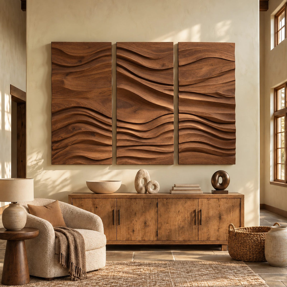 Textured Carved Wood Wall Art With 3 Wave Relief Panels For Entryway
