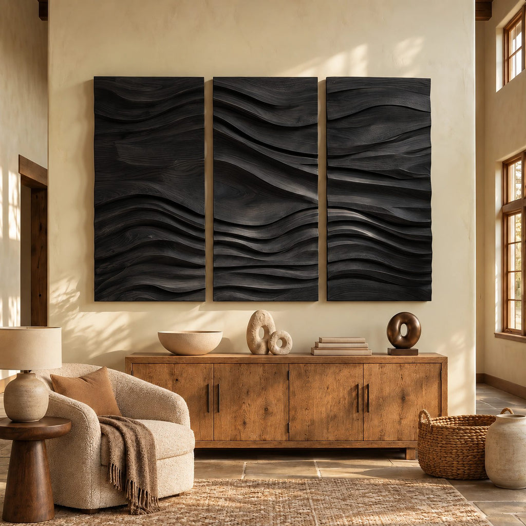 Textured Carved Wood Wall Art With 3 Wave Relief Panels For Entryway