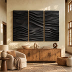 Textured Carved Wood Wall Art With 3 Wave Relief Panels For Entryway