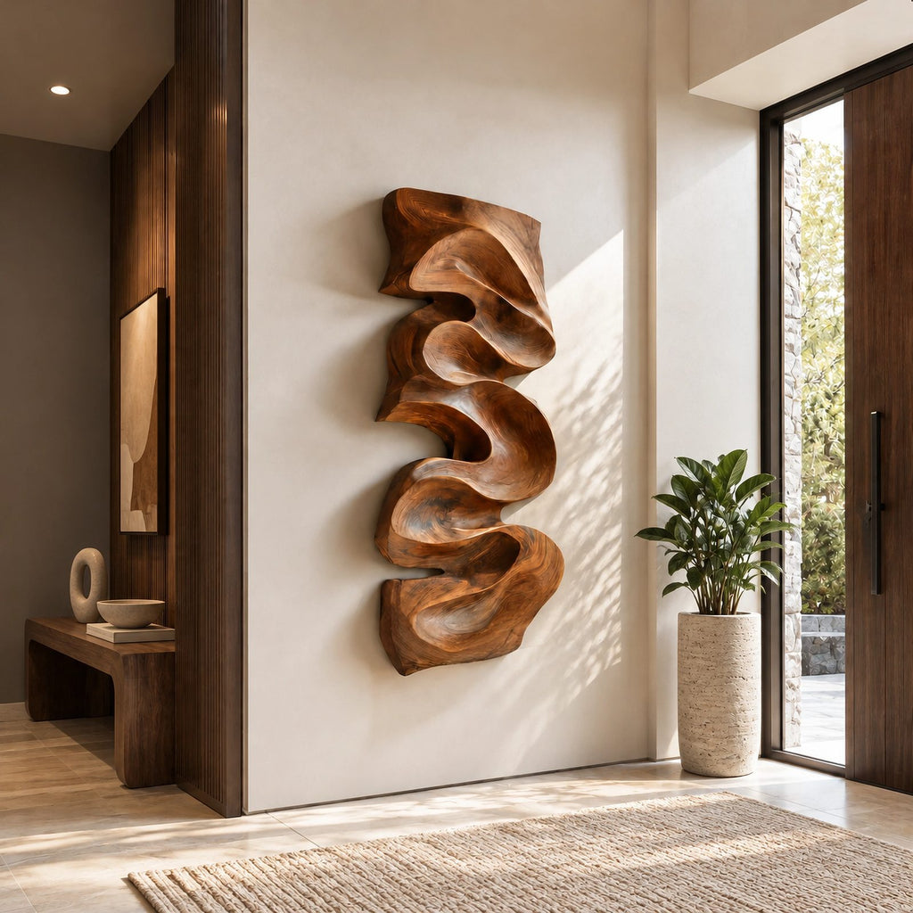 Artisan Vertical Wood Wall Sculpture With Twisting Ribbon Form For Entryway