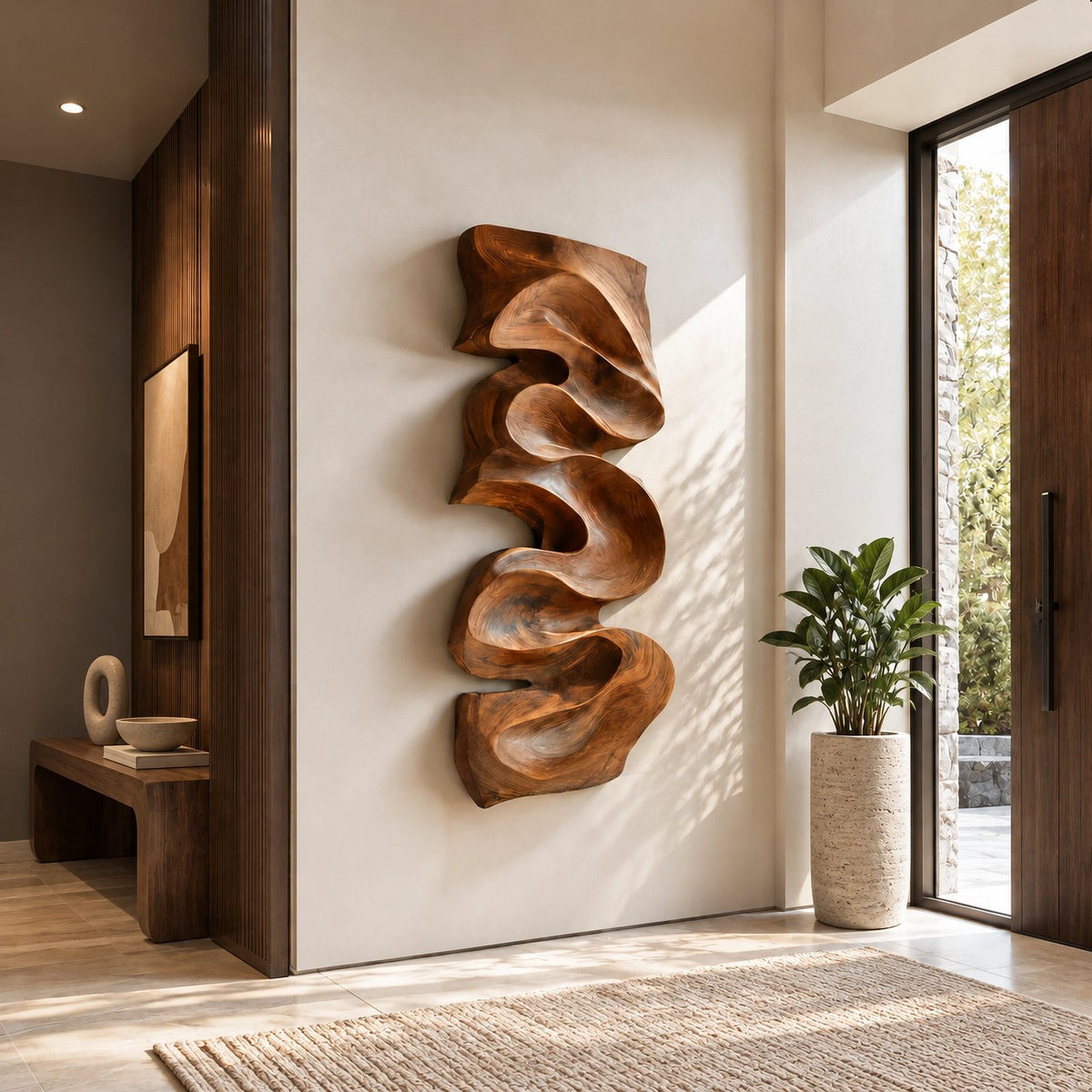 Artisan Vertical Wood Wall Sculpture With Twisting Ribbon Form For Entryway