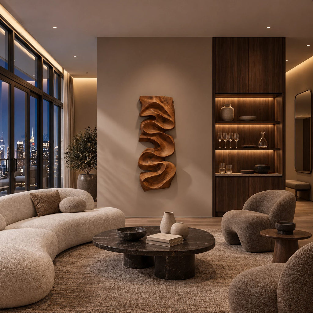 Artisan Vertical Wood Wall Sculpture With Twisting Ribbon Form For Entryway