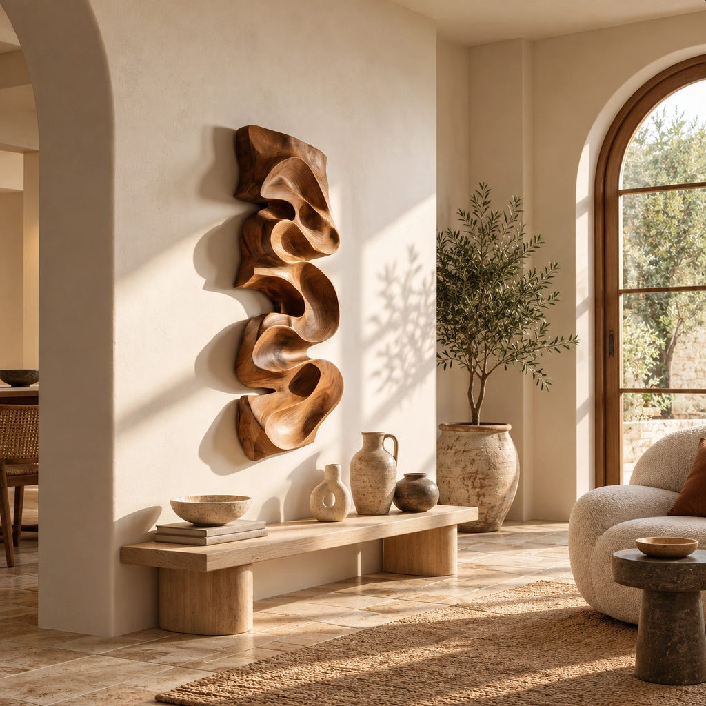 Artisan Vertical Wood Wall Sculpture With Twisting Ribbon Form For Entryway