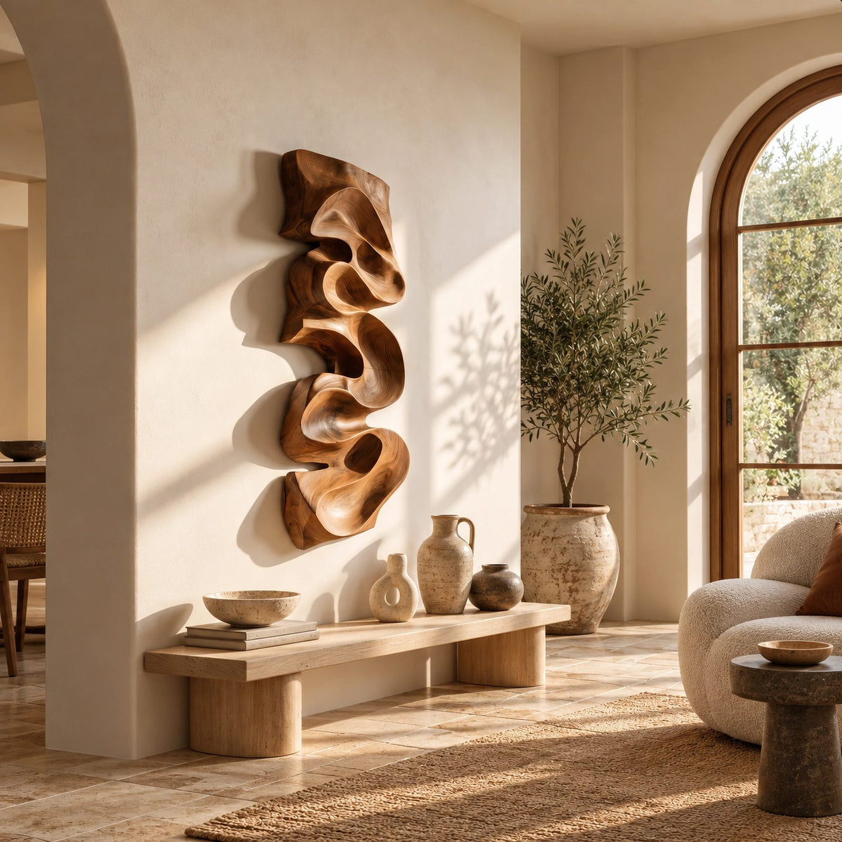 Artisan Vertical Wood Wall Sculpture With Twisting Ribbon Form For Entryway