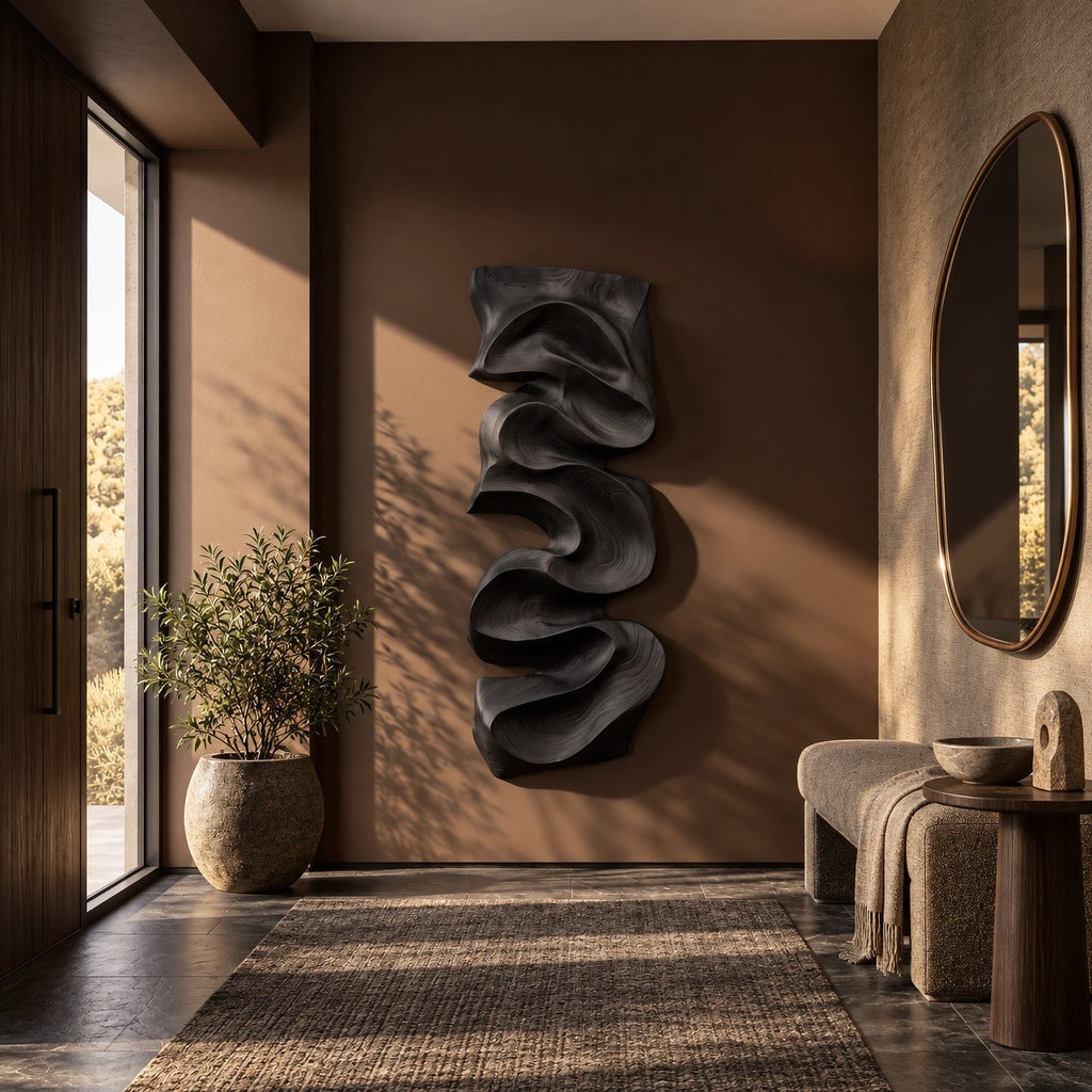 Artisan Vertical Wood Wall Sculpture With Twisting Ribbon Form For Entryway