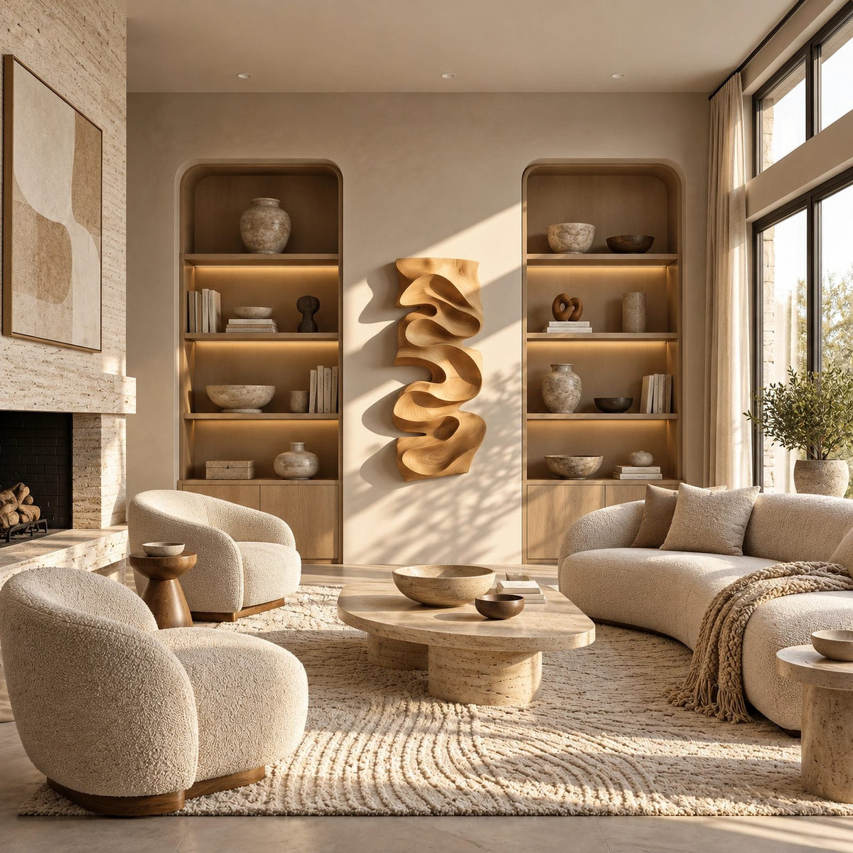 Artisan Vertical Wood Wall Sculpture With Twisting Ribbon Form For Entryway