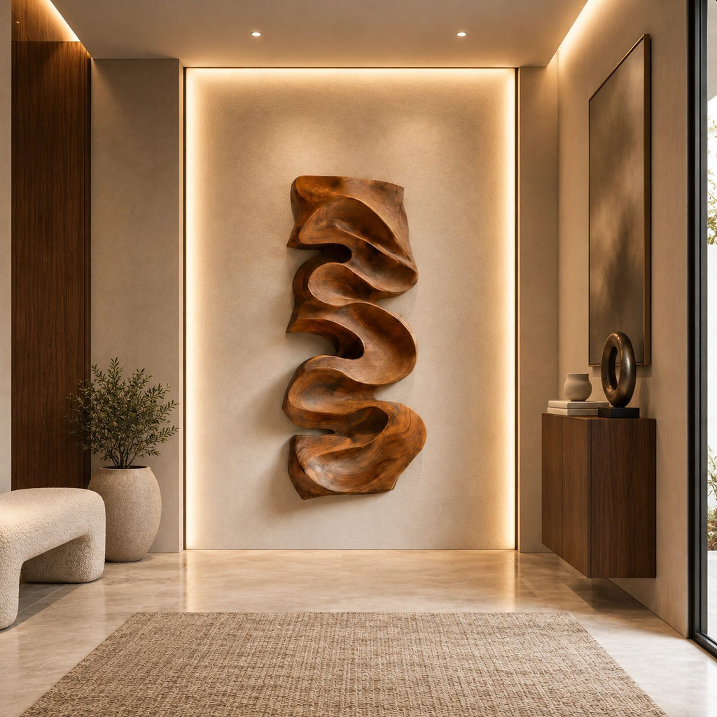 Artisan Vertical Wood Wall Sculpture With Twisting Ribbon Form For Entryway