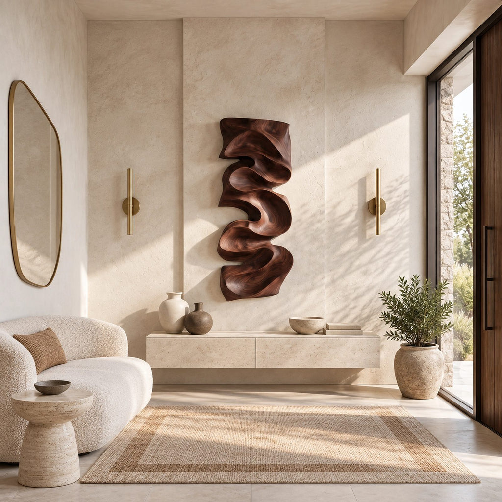 Artisan Vertical Wood Wall Sculpture With Twisting Ribbon Form For Entryway