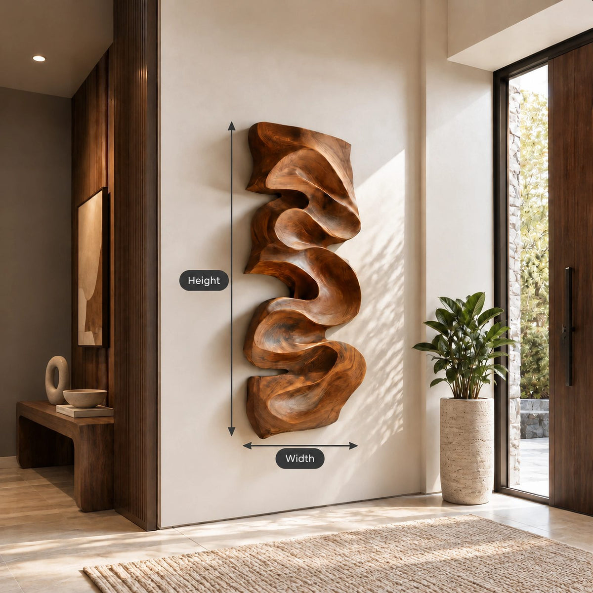 Artisan Vertical Wood Wall Sculpture With Twisting Ribbon Form For Entryway