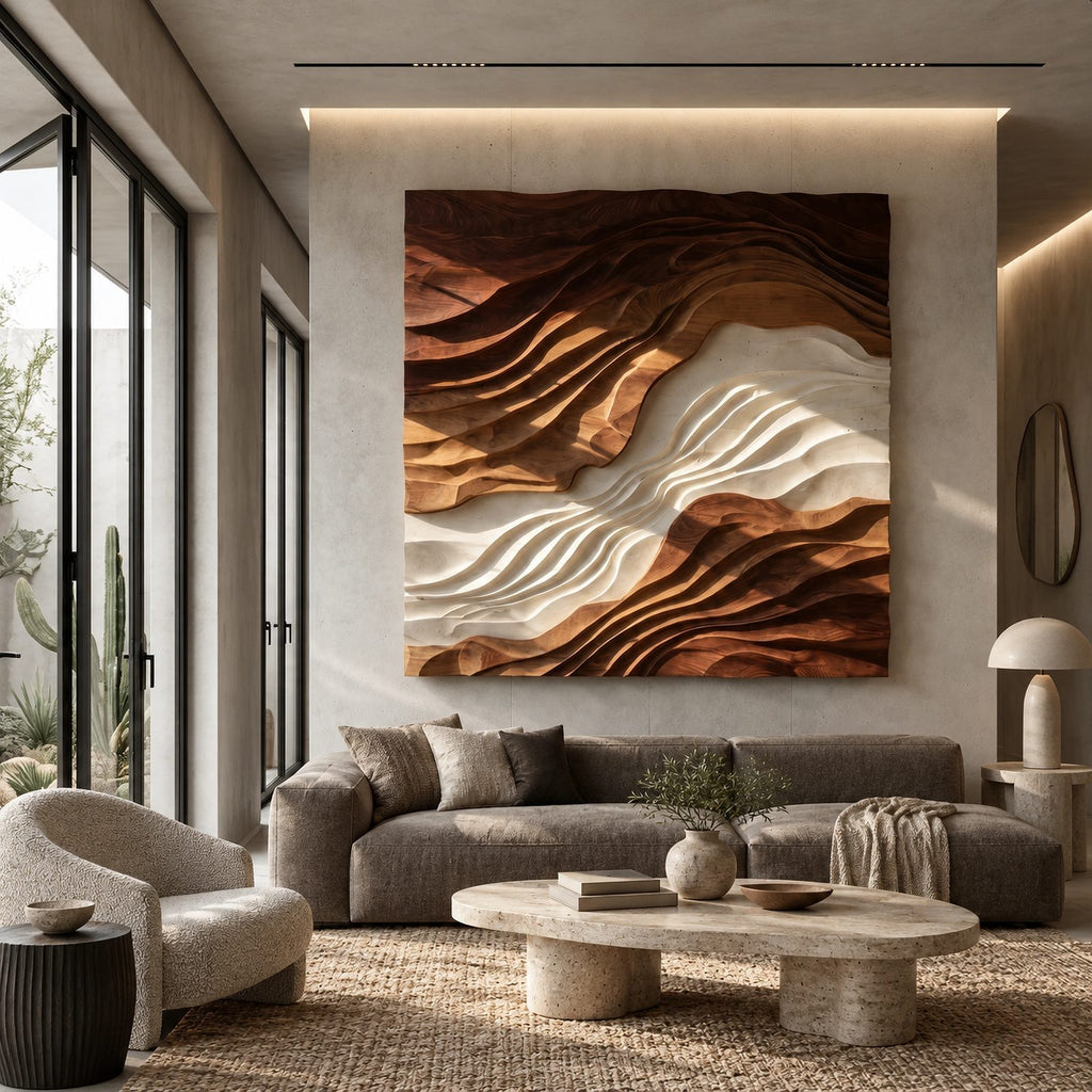 Statement Square Wood Wall Art With Layered Wave Relief For Living Room