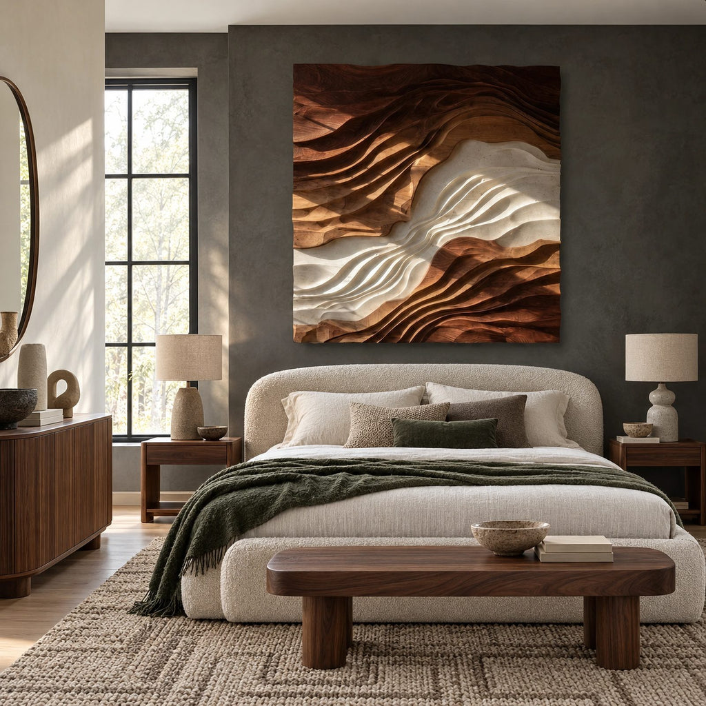 Statement Square Wood Wall Art With Layered Wave Relief For Living Room