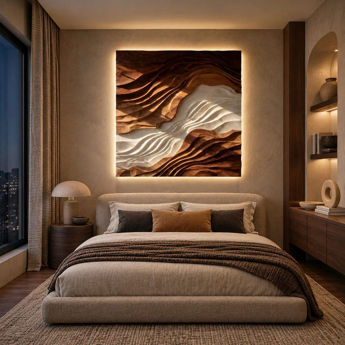 Statement Square Wood Wall Art With Layered Wave Relief For Living Room