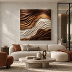 Statement Square Wood Wall Art With Layered Wave Relief For Living Room