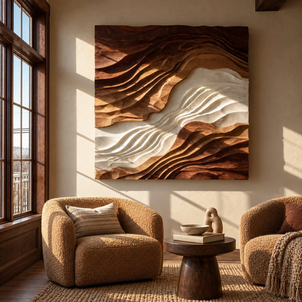 Statement Square Wood Wall Art With Layered Wave Relief For Living Room