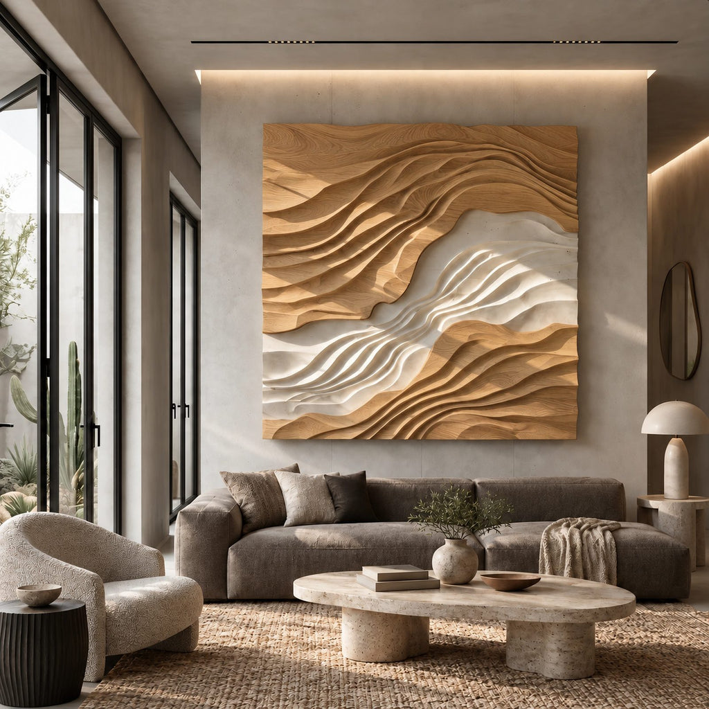 Statement Square Wood Wall Art With Layered Wave Relief For Living Room