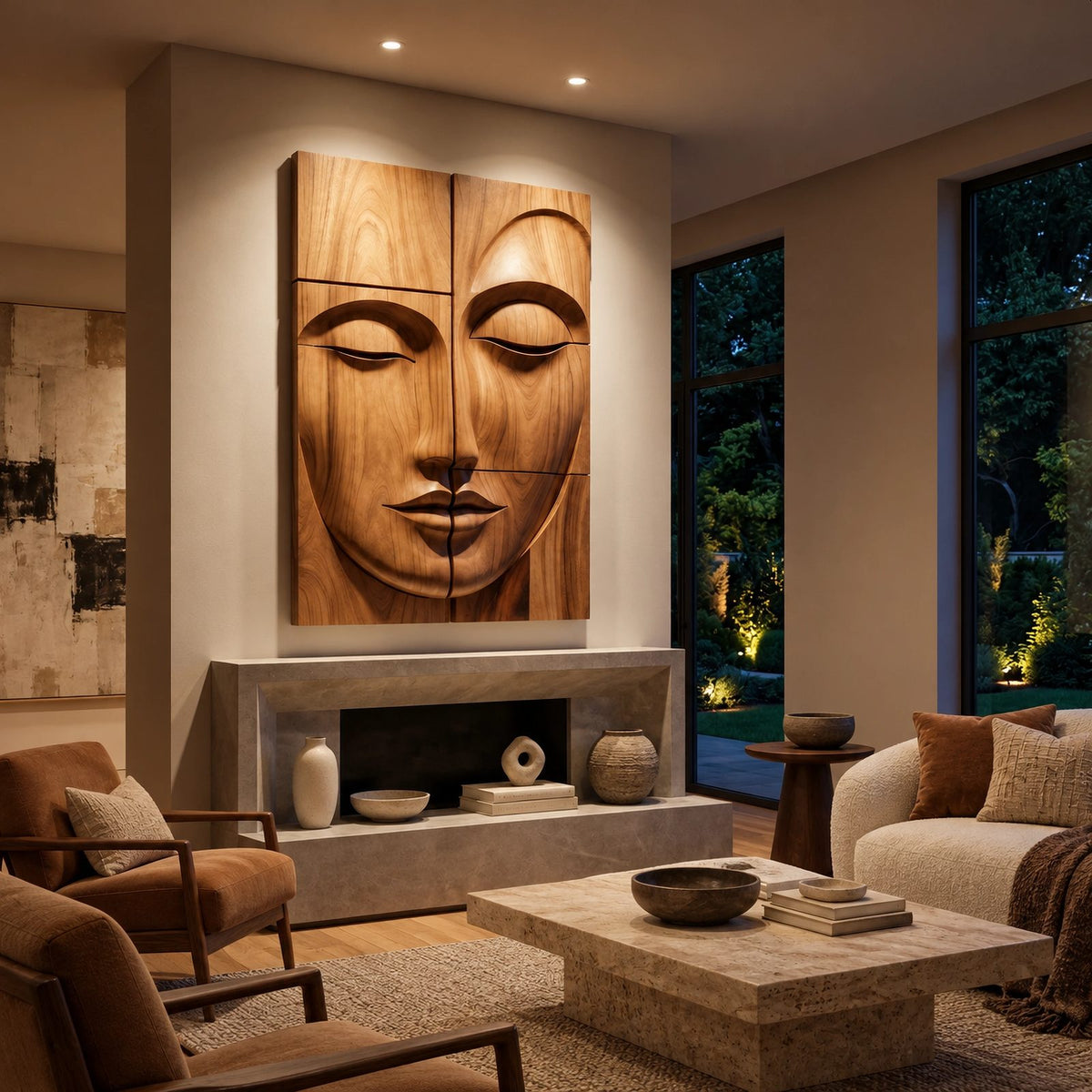 Zen Carved Buddha Face Wood Wall Art With Relief Panels For Entryway