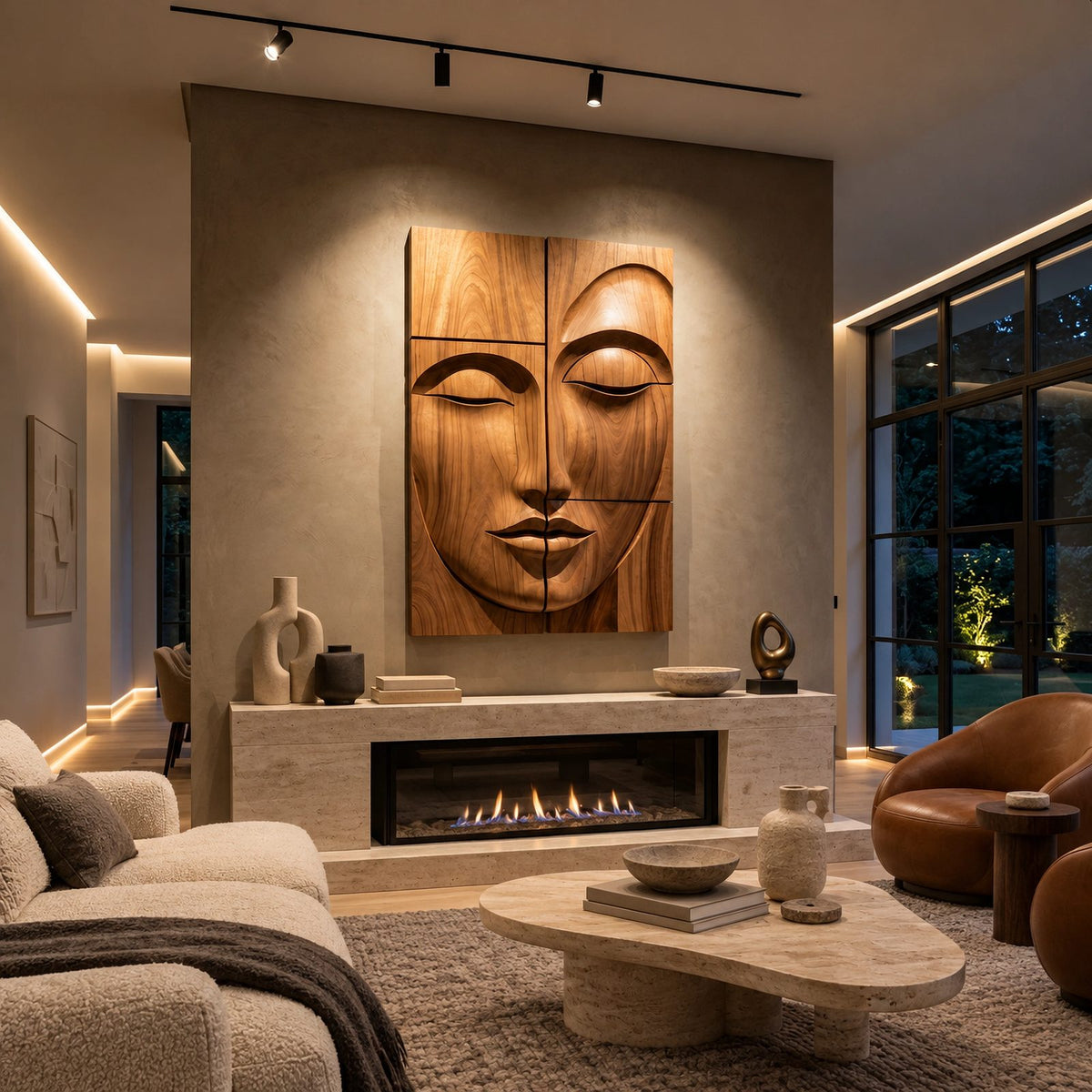 Zen Carved Buddha Face Wood Wall Art With Relief Panels For Entryway