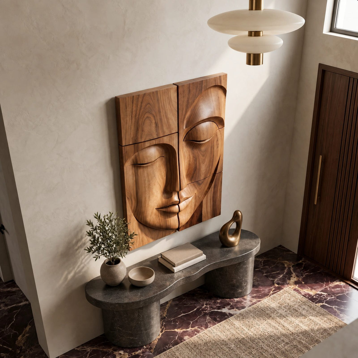 Zen Carved Buddha Face Wood Wall Art With Relief Panels For Entryway