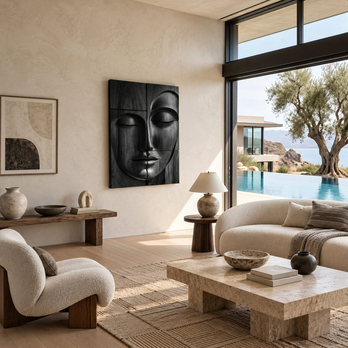 Zen Carved Buddha Face Wood Wall Art With Relief Panels For Entryway