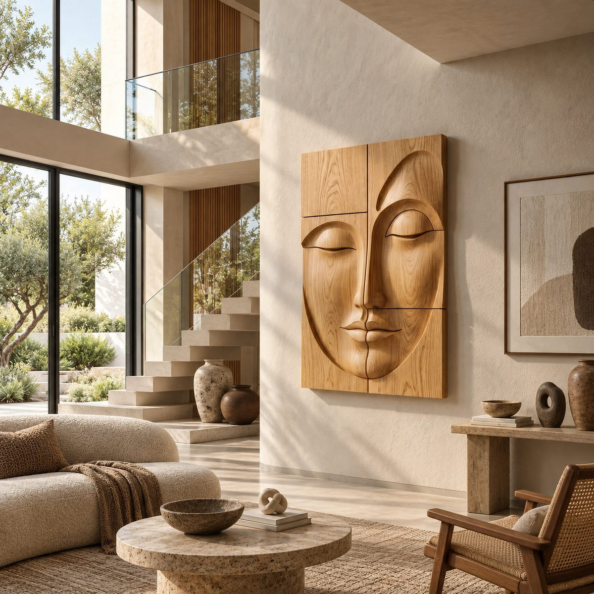 Zen Carved Buddha Face Wood Wall Art With Relief Panels For Entryway