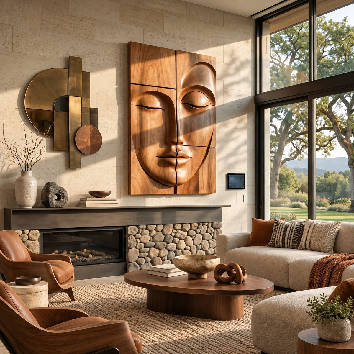 Zen Carved Buddha Face Wood Wall Art With Relief Panels For Entryway