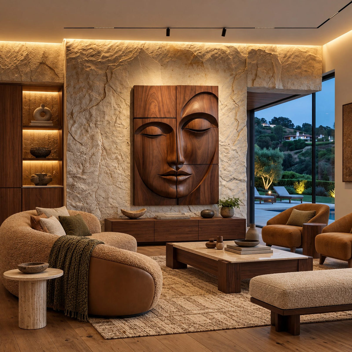 Zen Carved Buddha Face Wood Wall Art With Relief Panels For Entryway