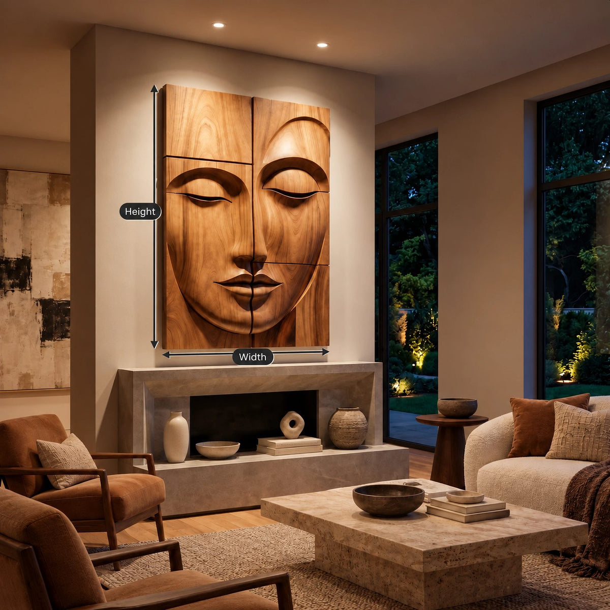 Zen Carved Buddha Face Wood Wall Art With Relief Panels For Entryway