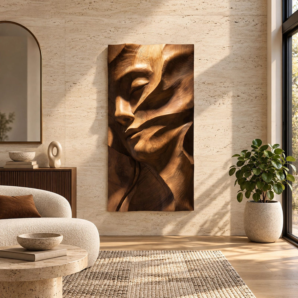 Contemporary Female Face Wood Wall Art With Deep Relief For Bedroom