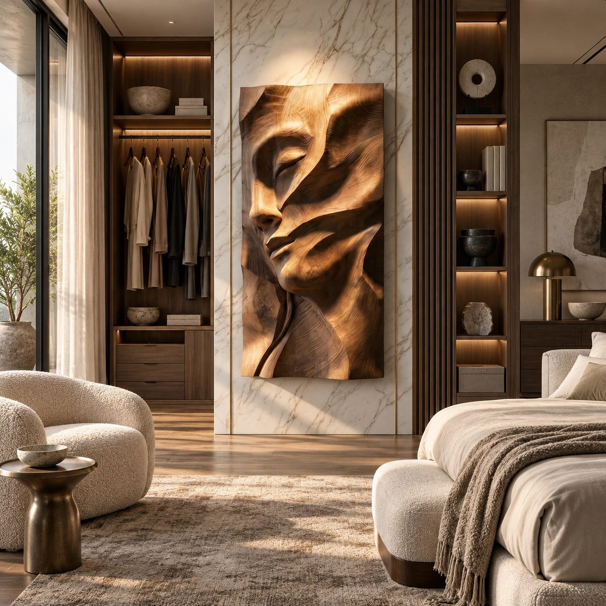 Contemporary Female Face Wood Wall Art With Deep Relief For Bedroom