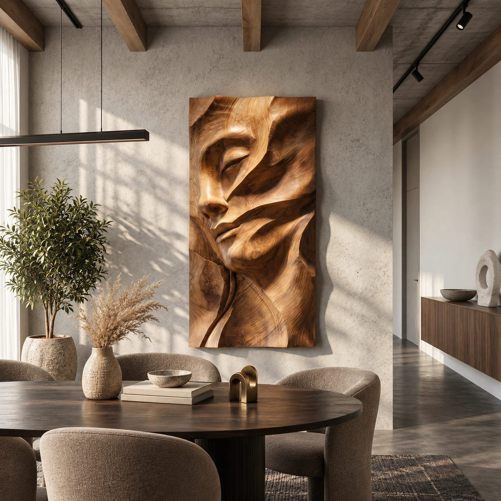 Contemporary Female Face Wood Wall Art With Deep Relief For Bedroom