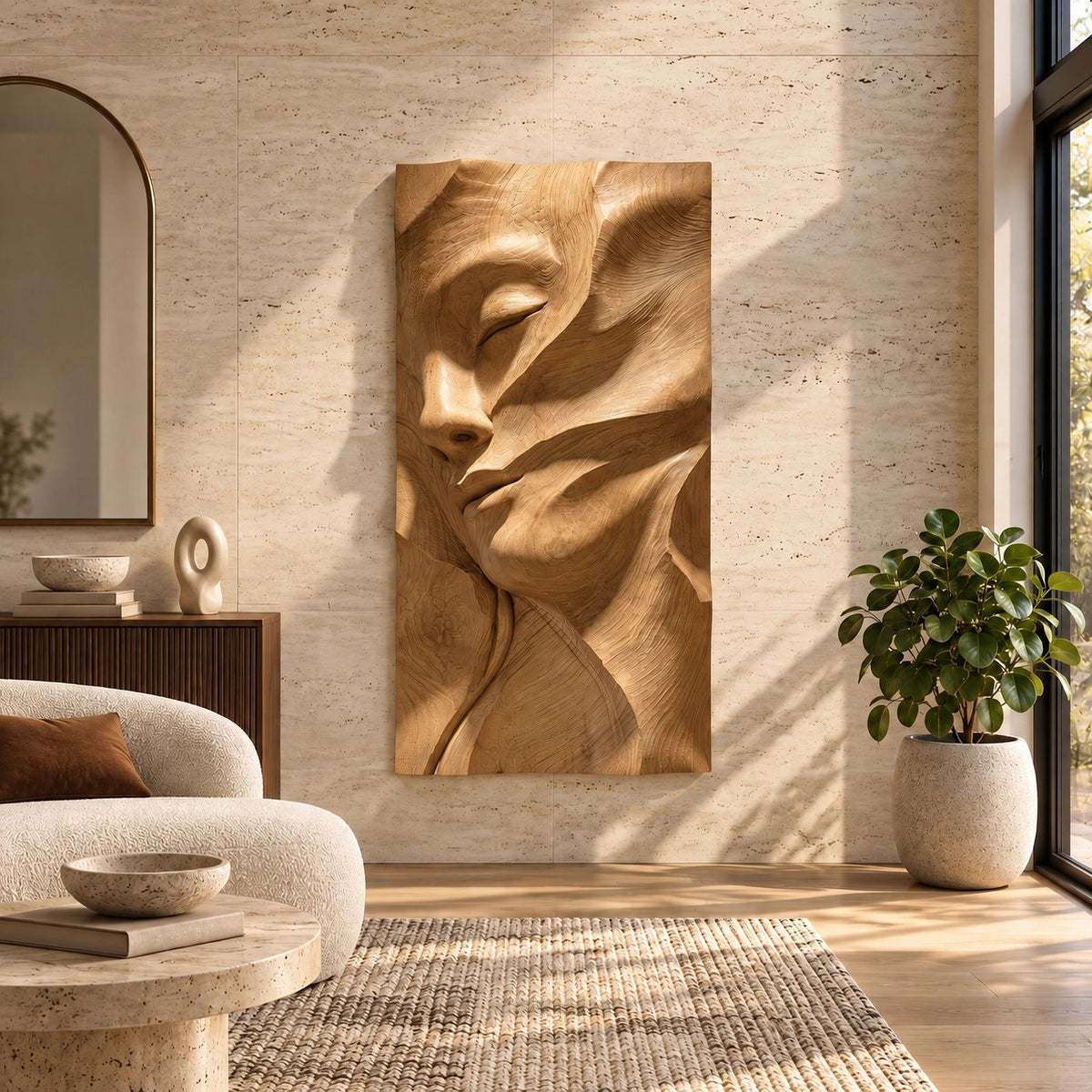 Contemporary Female Face Wood Wall Art With Deep Relief For Bedroom
