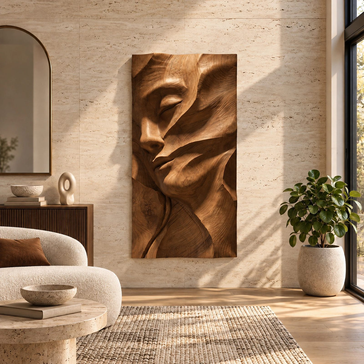 Contemporary Female Face Wood Wall Art With Deep Relief For Bedroom