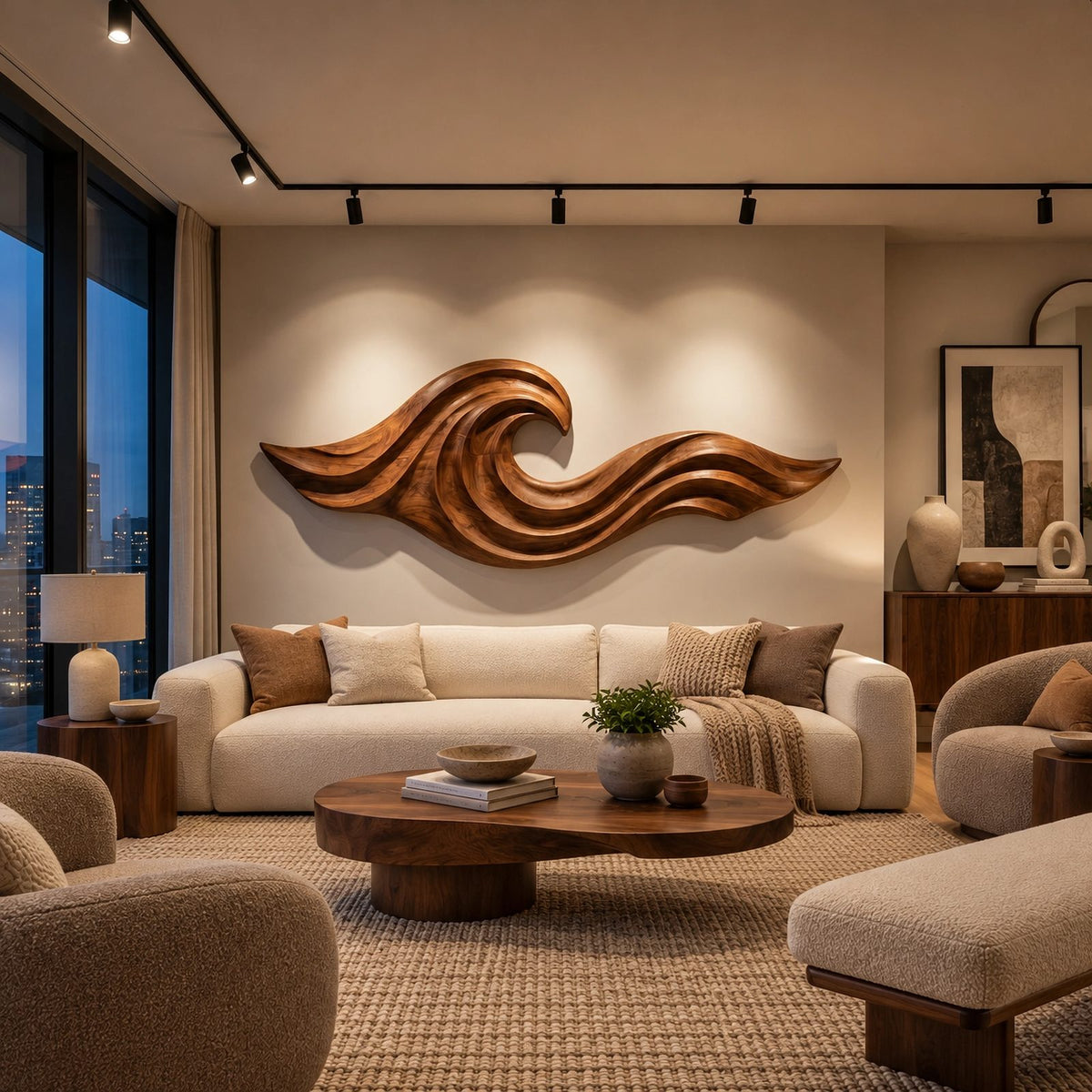 Coastal Carved Ocean Wave Wood Wall Art With Flowing Grooves For Living Room