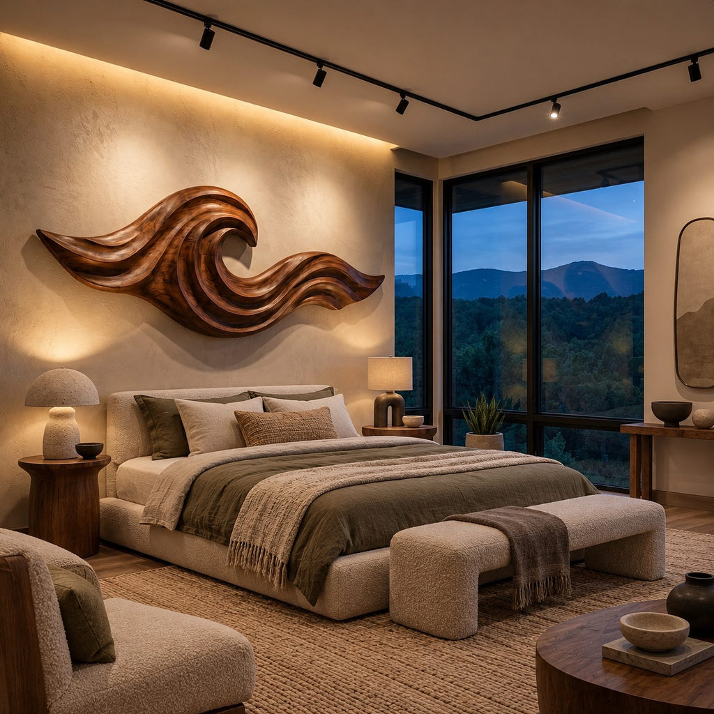 Coastal Carved Ocean Wave Wood Wall Art With Flowing Grooves For Living Room