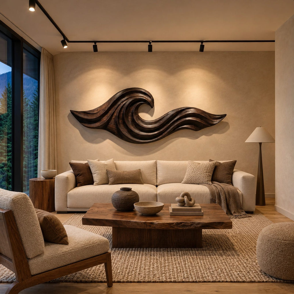 Coastal Carved Ocean Wave Wood Wall Art With Flowing Grooves For Living Room