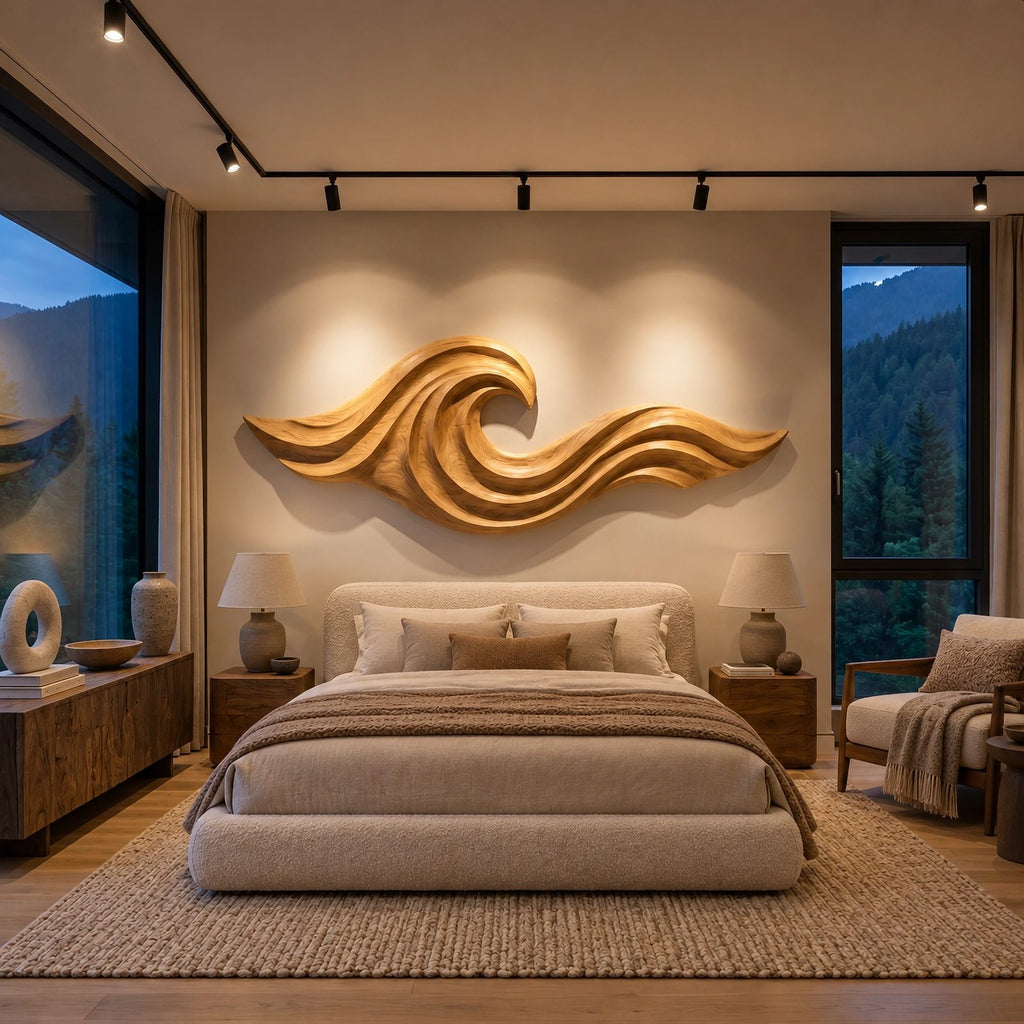 Coastal Carved Ocean Wave Wood Wall Art With Flowing Grooves For Living Room