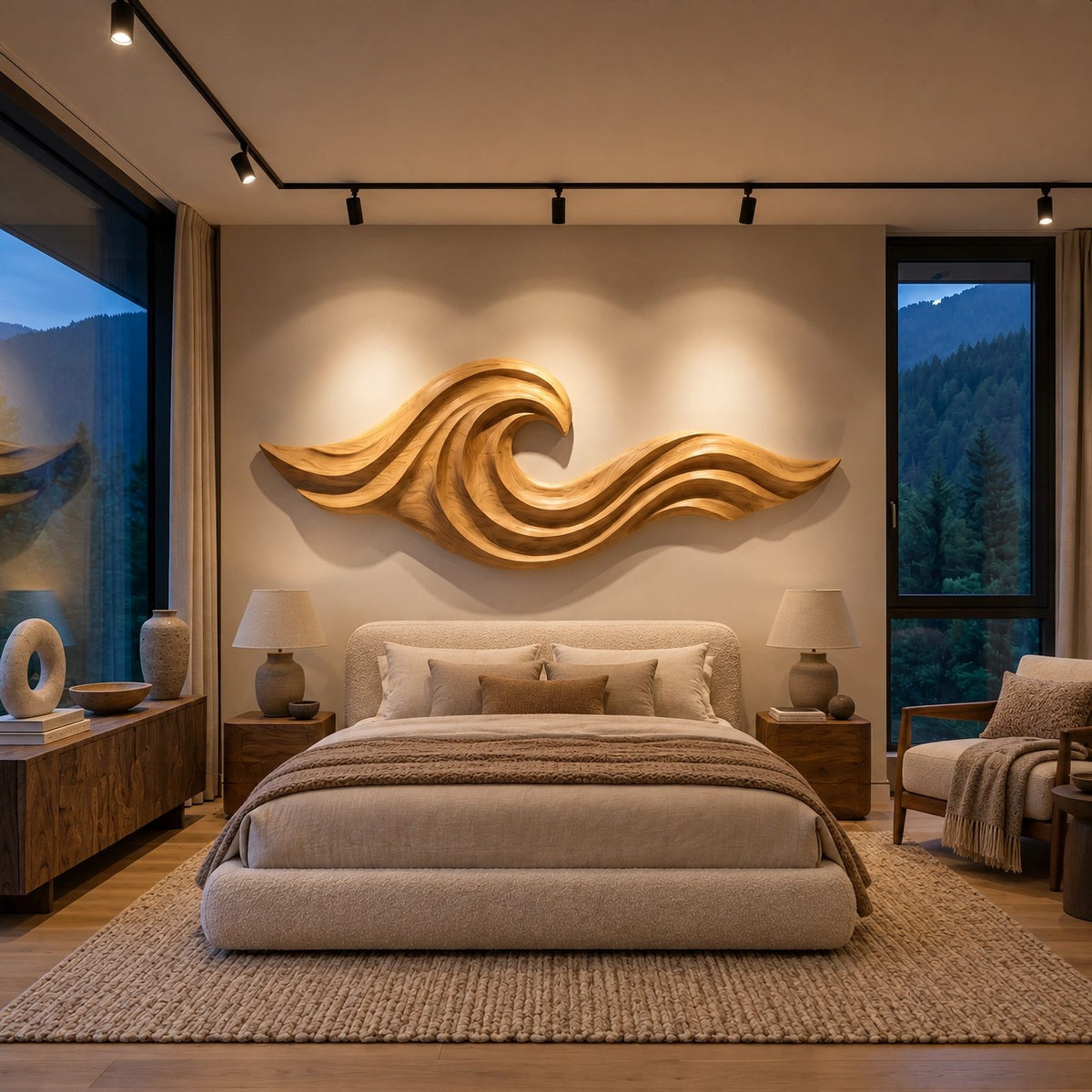 Coastal Carved Ocean Wave Wood Wall Art With Flowing Grooves For Living Room