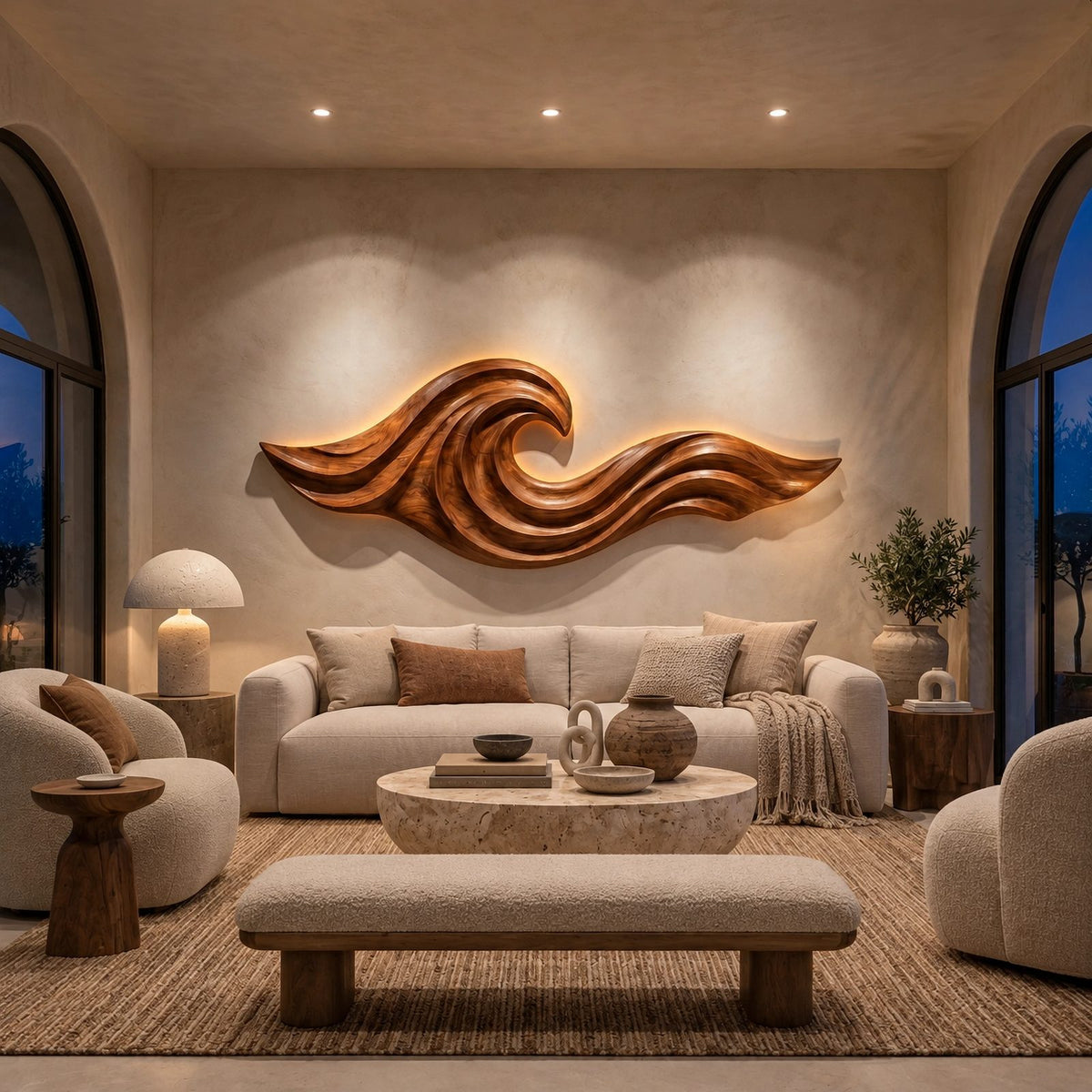 Coastal Carved Ocean Wave Wood Wall Art With Flowing Grooves For Living Room