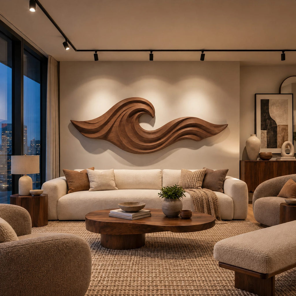 Coastal Carved Ocean Wave Wood Wall Art With Flowing Grooves For Living Room