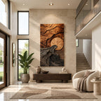 Sculptural Tall Landscape Wood Wall Art With Carved Sun For Entryway