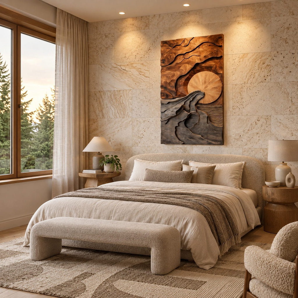 Sculptural Tall Landscape Wood Wall Art With Carved Sun For Entryway