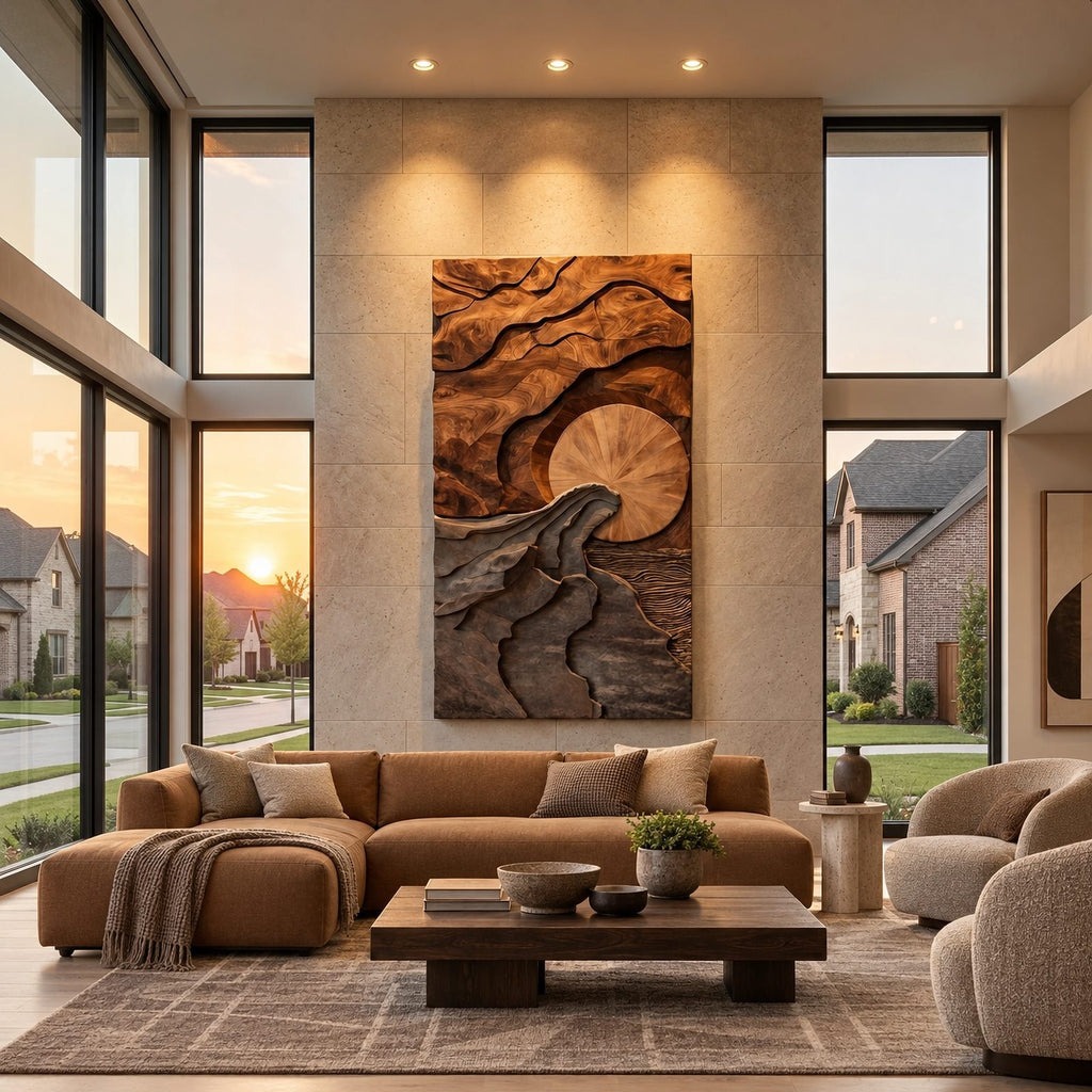 Sculptural Tall Landscape Wood Wall Art With Carved Sun For Entryway