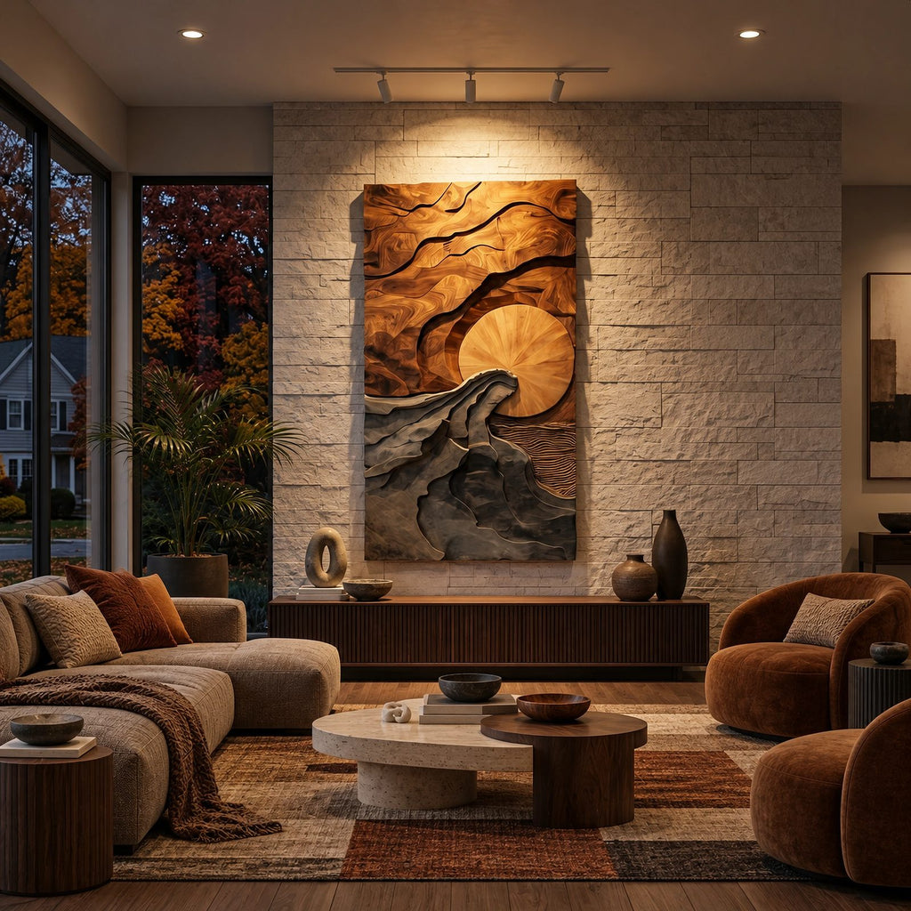 Sculptural Tall Landscape Wood Wall Art With Carved Sun For Entryway