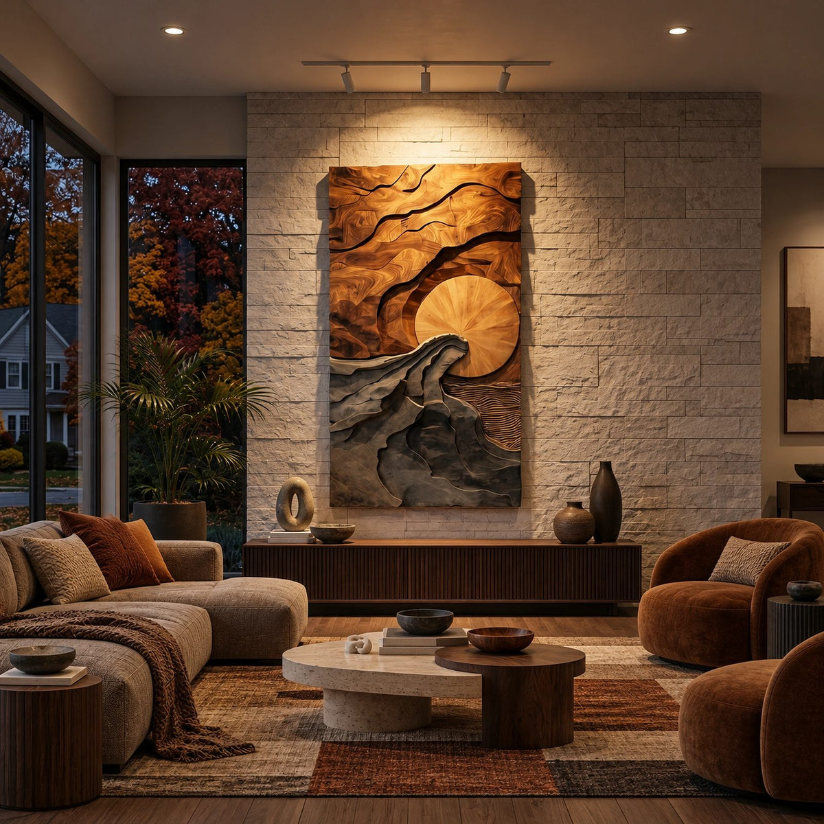Sculptural Tall Landscape Wood Wall Art With Carved Sun For Entryway