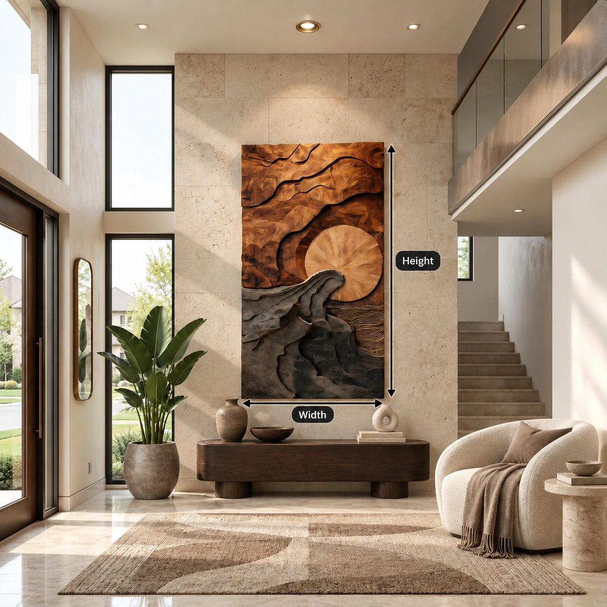 Sculptural Tall Landscape Wood Wall Art With Carved Sun For Entryway