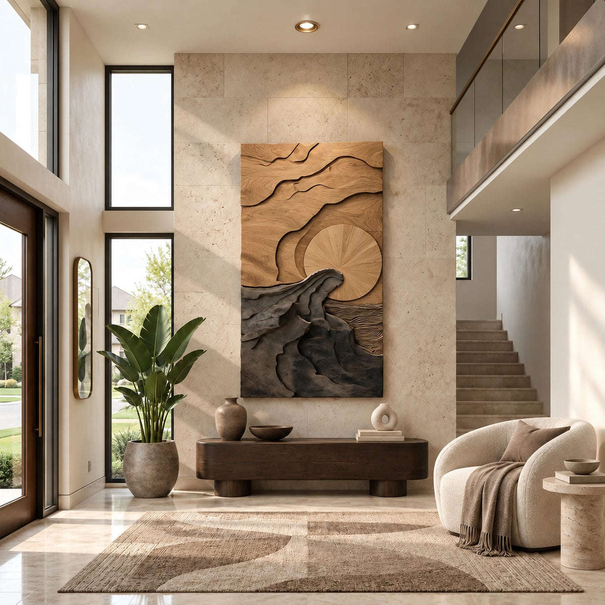Sculptural Tall Landscape Wood Wall Art With Carved Sun For Entryway