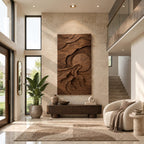 Sculptural Tall Landscape Wood Wall Art With Carved Sun For Entryway